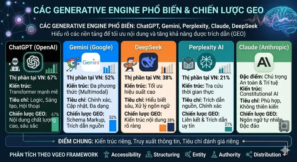 Các Generative Engine phổ biến: ChatGPT, Gemini, Perplexity, Claude, DeepSeek 4 Các Generative Engine phổ biến