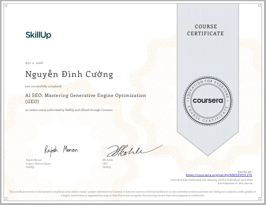 Giới thiệu 2 Chứng chỉ AI SEO Mastering Generative Engine Optimization của Nguyễn Đình Cường