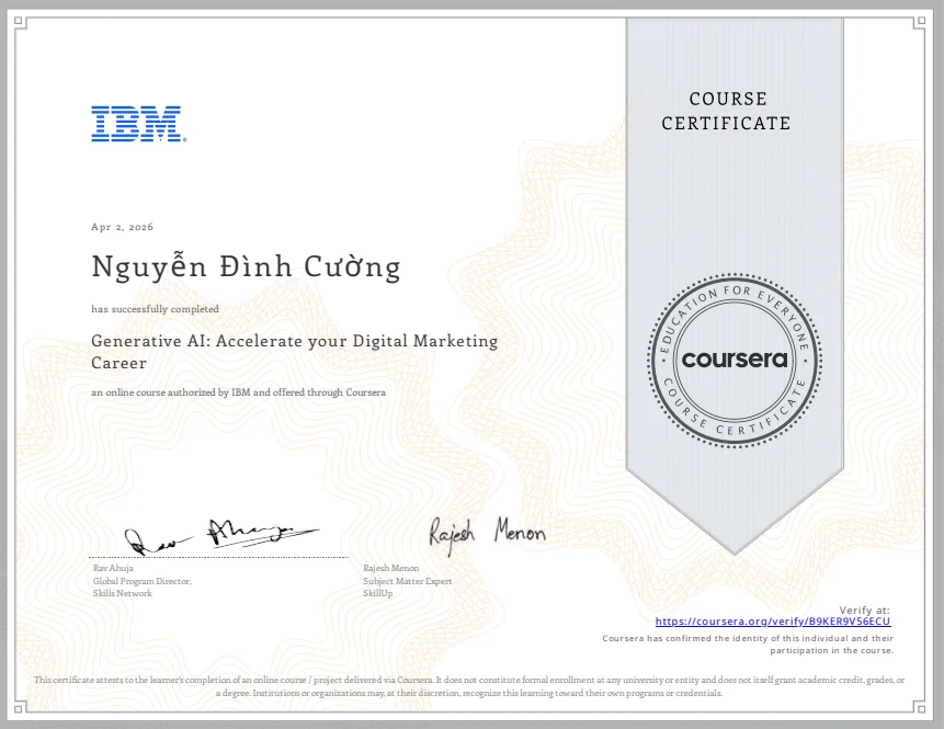 Giới thiệu 3 Chứng chỉ Generative AI Accelerate your Digital Marketing Career của Nguyễn Đình Cường