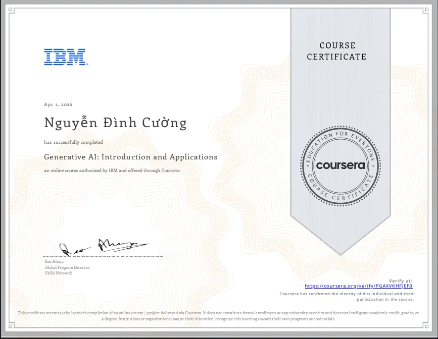 Giới thiệu 5 Chứng chỉ Generative AI Introduction and Applications của Nguyễn Đình Cường