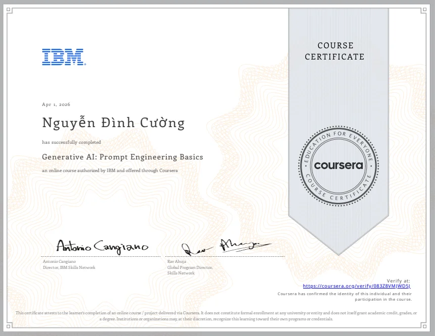 Giới thiệu 6 Chứng chỉ Generative AI Prompt Engineering Basics của Nguyễn Đình Cường