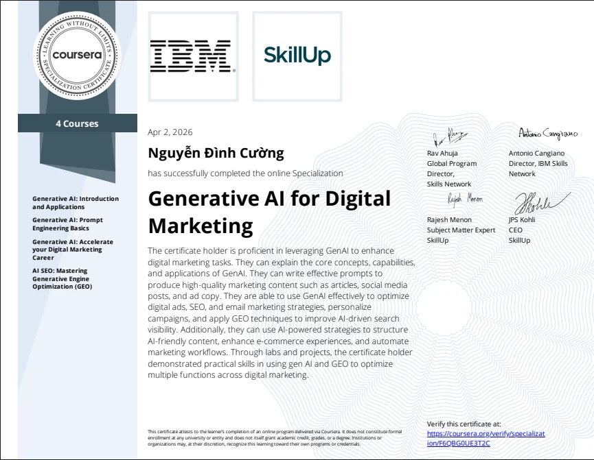 Giới thiệu 4 Chứng chỉ Generative AI for Digital Marketing của Nguyễn Đình Cường
