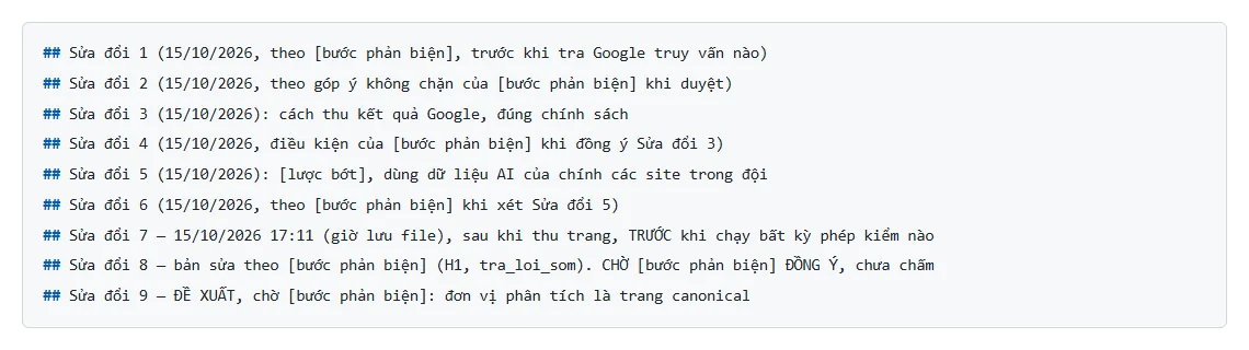 Tiêu đề 9 lần sửa đổi trong bản đăng ký trước của nghiên cứu, mỗi lần ghi ngày 15/10/2026 và lý do sửa